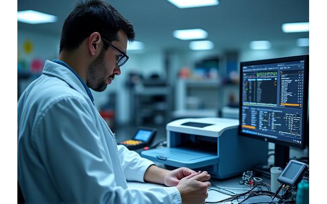 Technician performing diagnostics on a printer under precise laboratory-like conditions.