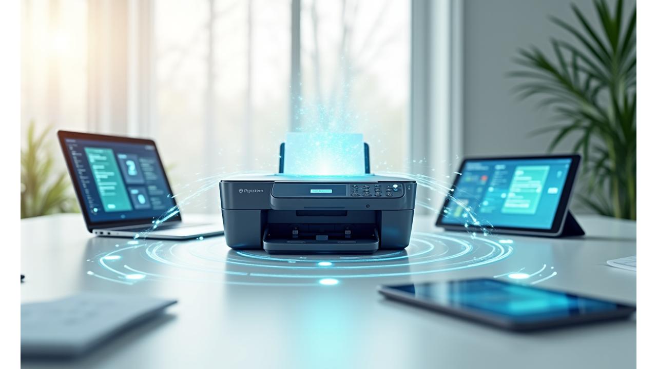 Modern office space with a printer connected wirelessly to a laptop and tablet, showing cloud printing in action with lines connecting devices