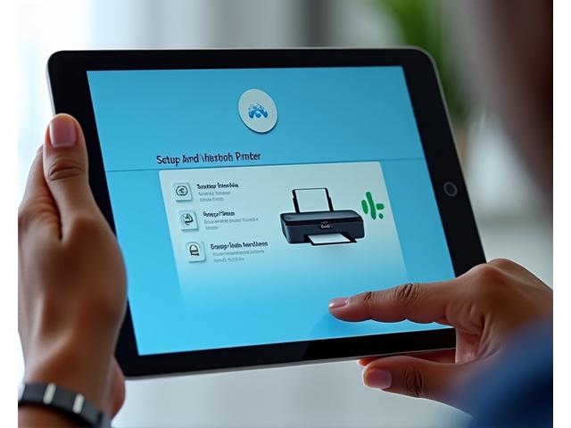 Close-up of a hand interacting with a tablet displaying a step-by-step wireless printer setup wizard interface, with a printer in the background