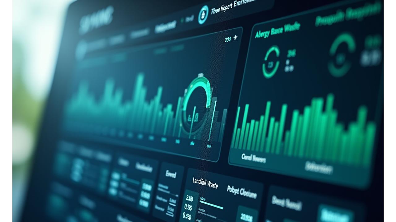 Interactive dashboard displaying environmental savings from refurbished printers: CO2 reduction, landfill waste prevention, energy saved, and paper saved through duplex printing.