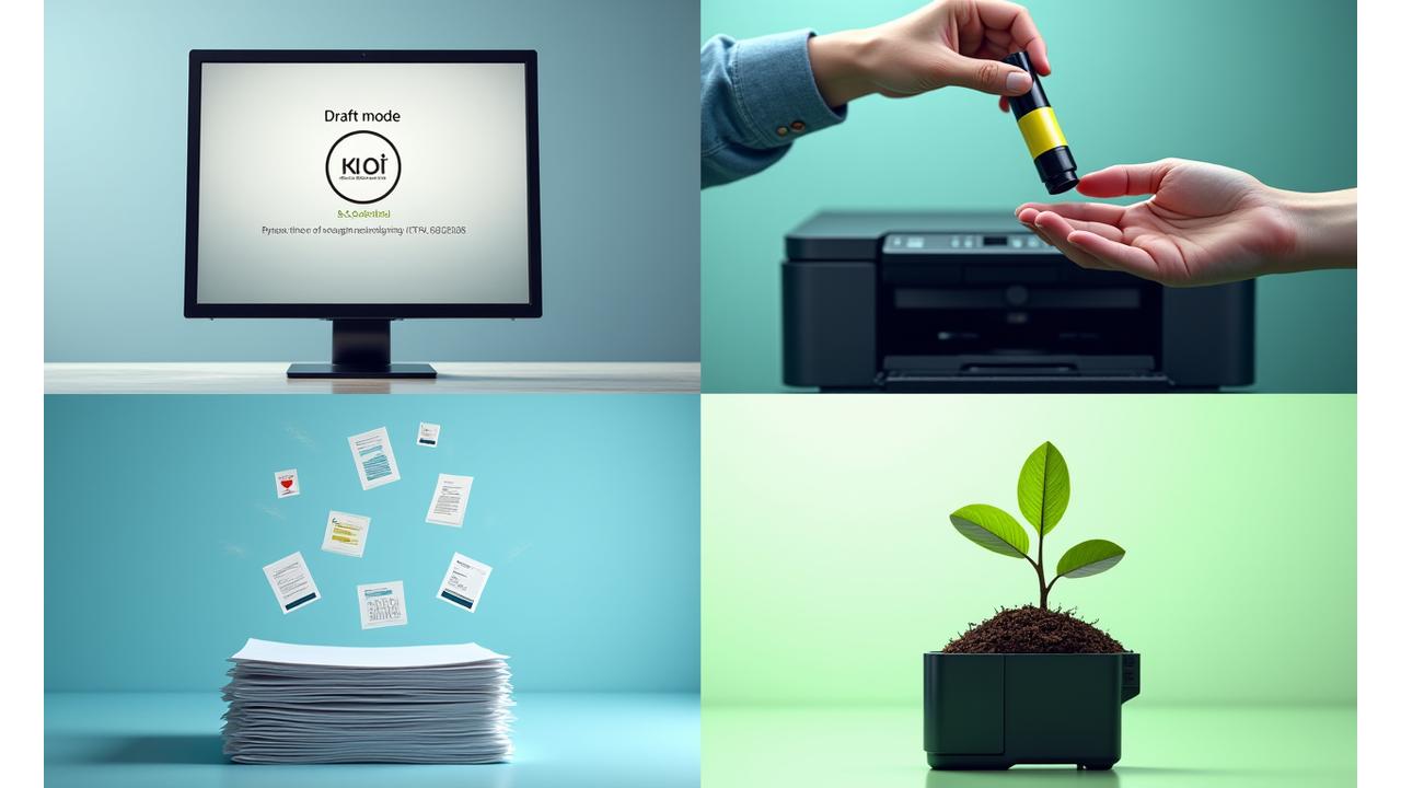 Collage showing elements of ink saving: a printer displaying 'draft mode' on screen, a hand holding a refillable ink bottle, a digital document icon, and a small plant illustrating environmental benefits.