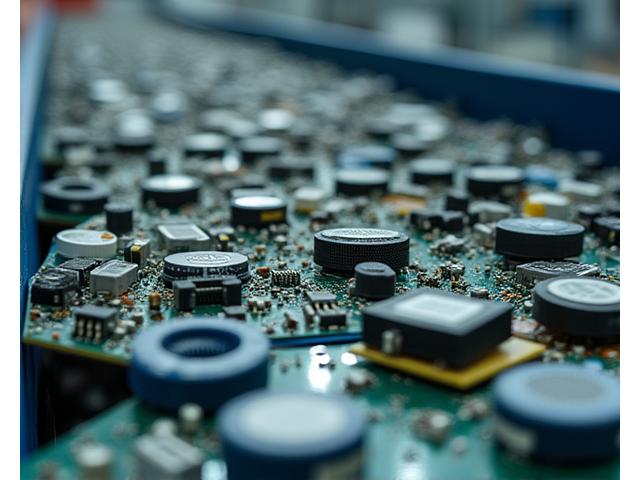 Close-up view of electronic components being sorted at a certified e-waste recycling facility, with a focus on responsible disposal.
