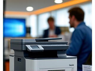 Busy office environment with multiple users interacting with a shared printer