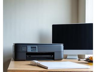 Small office desk with a compact printer for startup needs