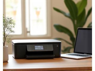 Compact printer with a laptop on a clean home office desk