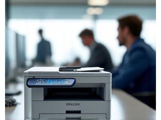 Multifunction business printer in a bustling small office environment