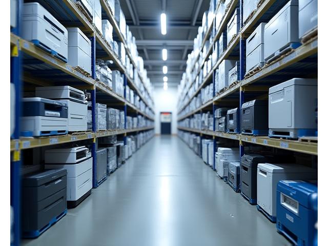 Professionally organized inventory of diverse used printers (HP, Epson, Brother) in a clean, modern warehouse setting, ready for shipment.