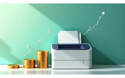 Growing stack of money next to a printer, symbolizing cost savings