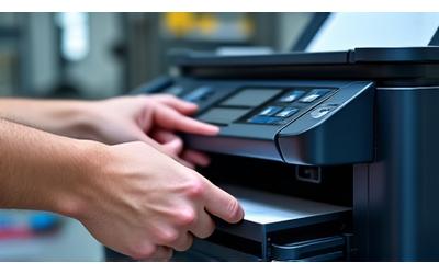 Hands fixing a printer, indicating troubleshooting