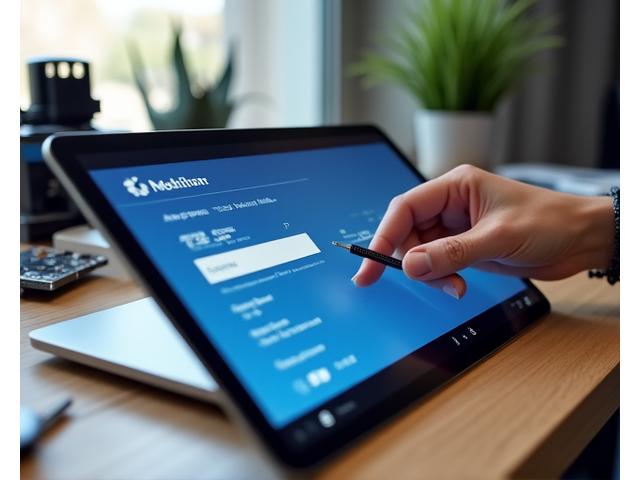 Close-up of a hand typing a printer model number into a search bar on a tablet in a well-lit workshop, with various printer components blurred in the background, symbolizing precision and ease of finding parts.