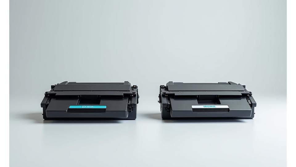 Two printer parts side-by-side, one clearly labeled OEM and the other compatible, highlighting their visual differences and quality. Studio lighting.