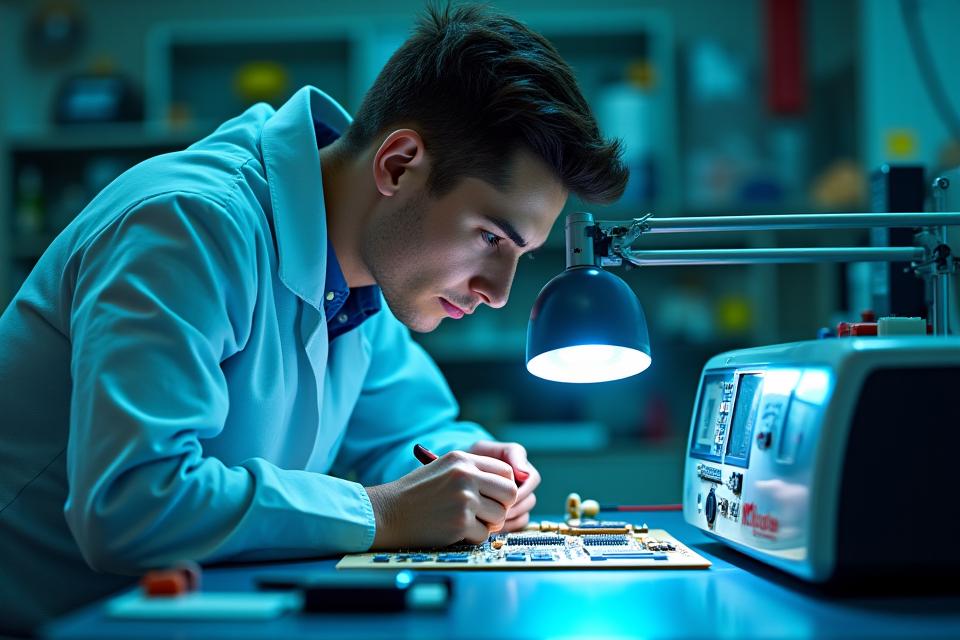 A technician carefully inspecting a printer circuit board on a workbench, using precision tools, emphasizing quality control.