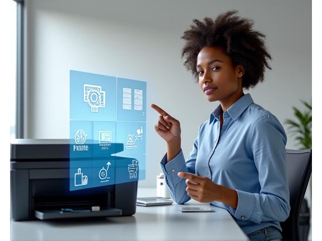 Person looking at a printer with a thought bubble showing troubleshooting icons