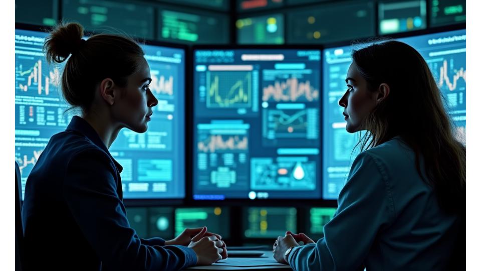 Cybersecurity team monitoring multiple screens with data graphs and network diagrams.