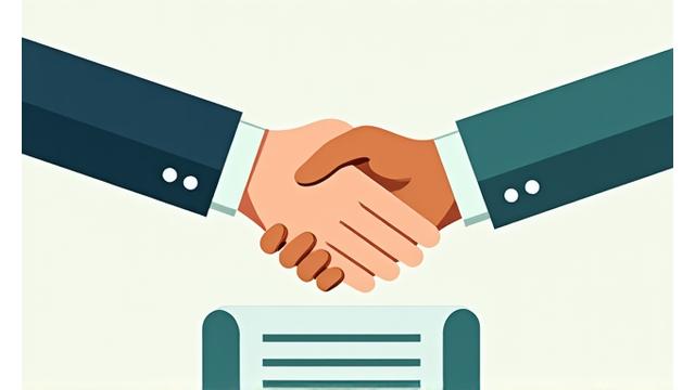 Illustration of hands shaking over a contract, symbolizing agreement and mutual respect.