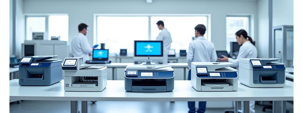 Assortment of tested HP printers, both LaserJet and InkJet models, on a clean workbench with testing equipment, symbolizing quality control.