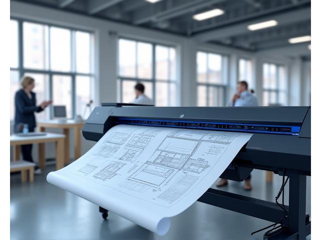 HP DesignJet T120 large format printer in an architectural studio setting.
