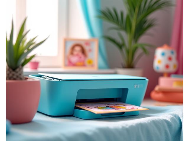 HP DeskJet 3755 all-in-one printer, compact and colorful, on a student's desk.