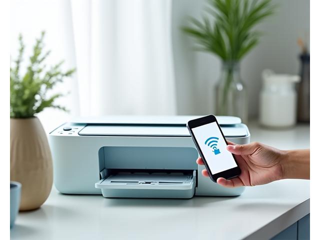 HP Envy 6055e printer with a smartphone, showing its wireless printing capabilities.