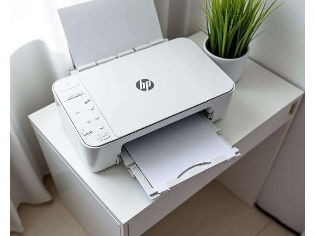 HP LaserJet M15w printer, showing its incredibly small footprint on a small table.