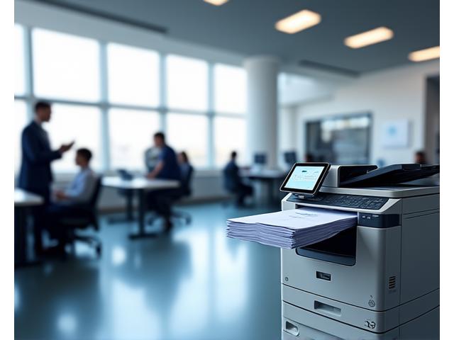 HP PageWide Pro 477dw printer, emphasizing its large output tray and speed.
