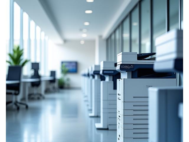 Multiple identical business printers lined up in a modern office, representing fleet standardization