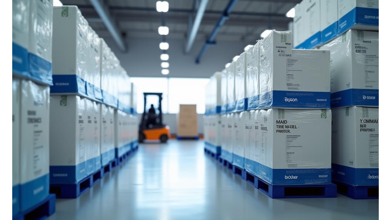Stacked printers ready for bulk shipping in a warehouse, symbolizing efficiency and volume