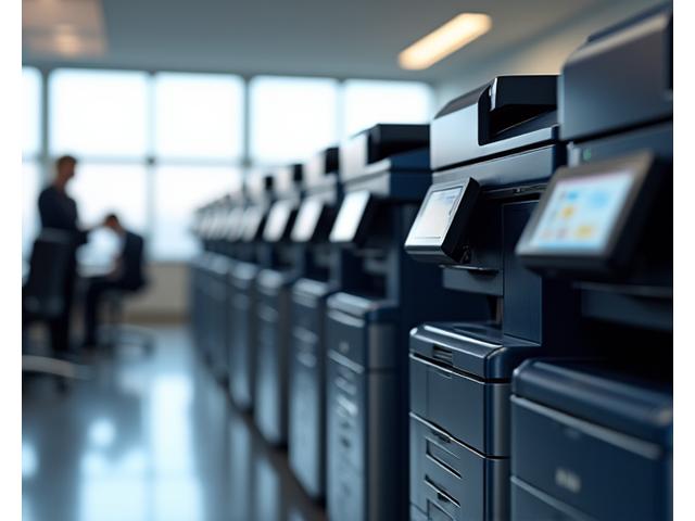 Row of identical professional printers in a corporate office setting, symbolizing standardization