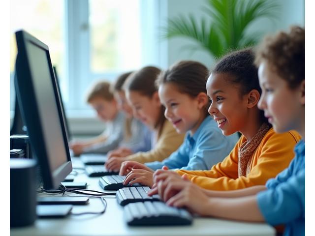 School children in a classroom using computers and printers, symbolizing technology integration on a budget