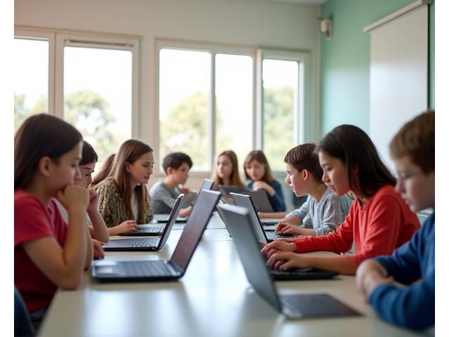 Students working on computers in a modern classroom with printers visible